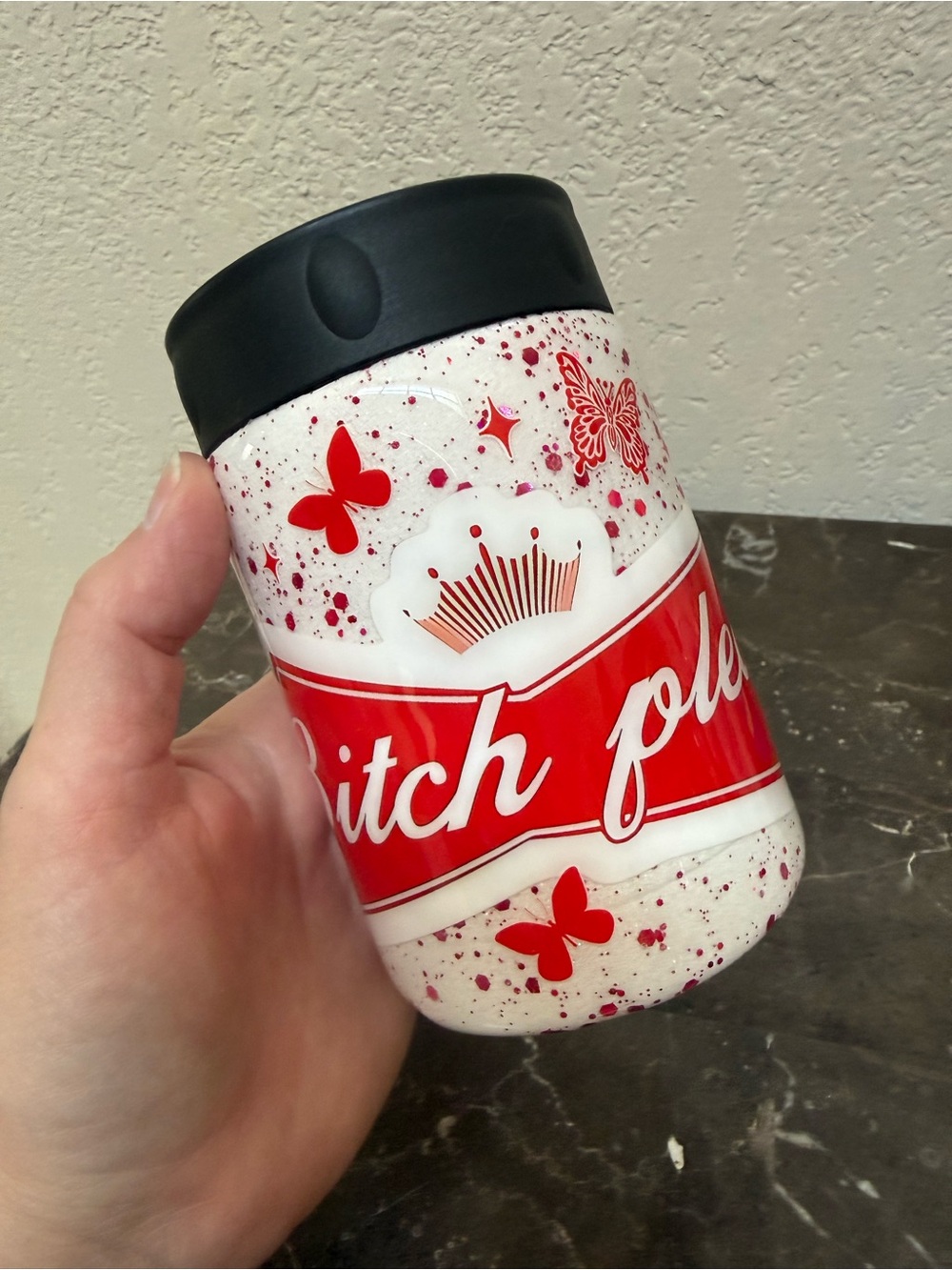 Bich Please Budweiser Glitter Crown Standard 12 oz Can Cooler Handmade